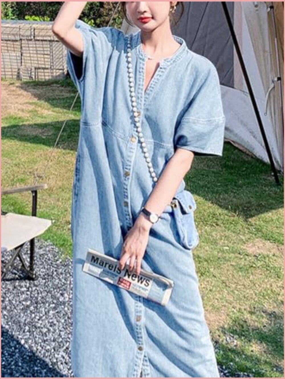 V Neck Short Sleeve Denim Midi Dress Loose Fit Summer Casual - Picture 3 of 4